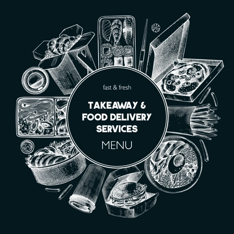 Engraved fast food wreath. Hand-drawn vector illustration on chalkboard. Burger, pizza box, paper bag, coffee cup sketch. Takeaway food menu design. Restaurant delivery frame template